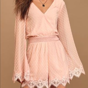 Lulus Blush Pink Swiss Dot Lace Bell Sleeve Romper